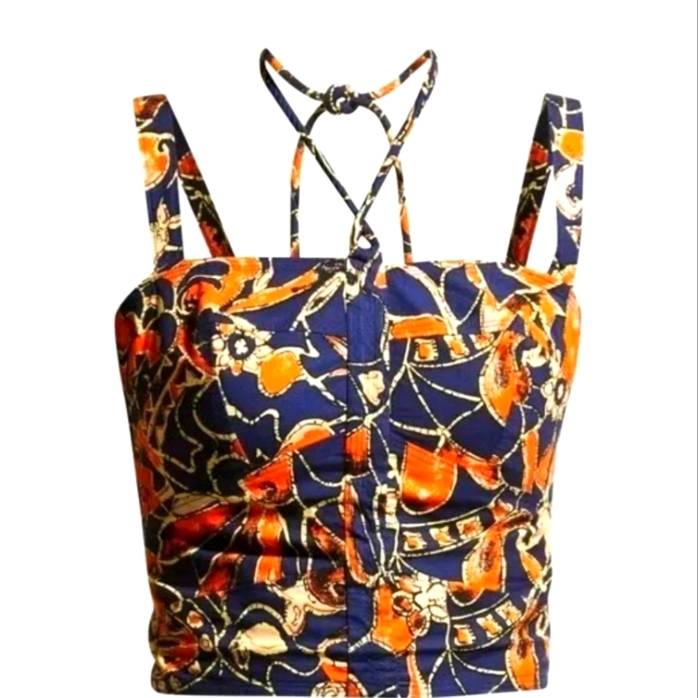 A.L.C. Women's Blue Luiza Printed Halter Neck Crop Top Size 14